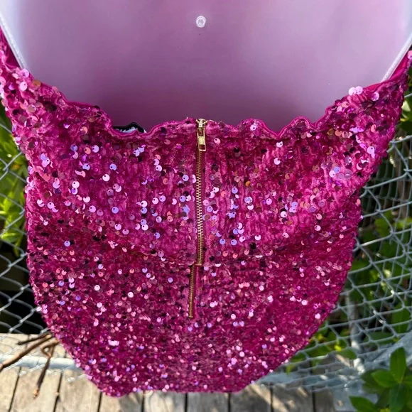 Fashion Nova Pink Sequin Corset Mini Dress Size M 8 Halter Velvet Stretch Party - Picture 10 of 16